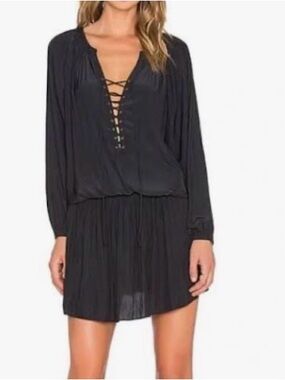 Ramy Brook 'Allie' Lace Up Long Sleeve Blouson Peasant Dress, Black sz S